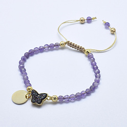 Amethyst Natural Amethyst Braided Bead Bracelets, with Electroplated Natural Lava Rock Beads, Druzy Crystal, Nylon Cord and Brass Findings, Flat Round & Butterfly, 2-1/8 inch(5.3cm)~3-1/8 inch(8cm)