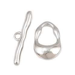 Real Platinum Plated Brass Toggle Clasps, Irregular Oval, Real Platinum Plated, Oval: 18x12x5.5mm, Inner Diameter: 10x7.5mm; Bar: 25x6x3.5mm, Hole: 1.5mm