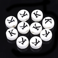 Letter K Фарфоровые бусины ручной работы, горизонтальное отверстие, плоские круглые с буквы, белые, letter.k, 8~8.5x4.5 мм, отверстие : 2 мм