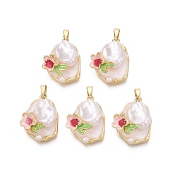 Белый Латунь эмаль подвески, подвески в виде слезинок и цветов, с ABS имитации жемчуга, реальный 18 k позолоченный, белые, 23x17.5x8~9 мм, отверстие : 5x2.5 мм