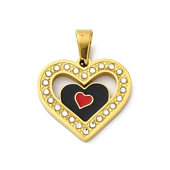 Черный 304 нержавеющей стальной эмали подвески, со стразами, шарма сердца, вакуумное покрытие pvd, реальный 18 k позолоченный, чёрные, 20.5x21.5x2.5 мм, отверстие : 7.5x4.5 мм