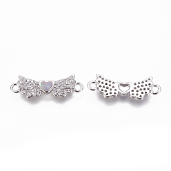 Pink Brass Cubic Zirconia Links, with Synthetic Opal, Wing with Heart, Platinum, Pink, 7x21x2mm, Hole: 1.6mm