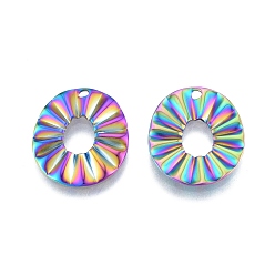 Rainbow Color Ионное покрытие (ip) 201 кулон из нержавеющей стали, фактурные подвески, полый овал с цветком, Радуга цветов, 21.5x18x1 мм, отверстие : 1.6 мм