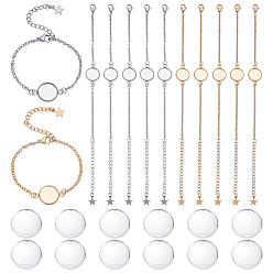 Золотой & Цвет Нержавеющей Стали 12 шт. 2 цвета 304 изготовление браслетов из нержавеющей стали, с карабин-лобстерами , кабельные цепи и плоские круглые кабошоны, с 12 стеклянными кабошонами, золотые и нержавеющая сталь цвет, лоток : 12 мм, 5-1/2 дюйм (14 см), 6 шт / цвет