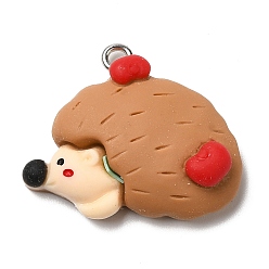 Hedgehog Подвески из непрозрачной смолы на осеннюю тематику, с платиновыми железными петлями, еж, 22.5x26x8 мм, отверстие : 2 мм