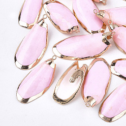Pearl Pink Electroplate Spray Painted Sea Shell Pendants, with Brass Findings, Oval, Golden, Pearl Pink, 40~50x15~22x10~15mm, Hole: 2mm