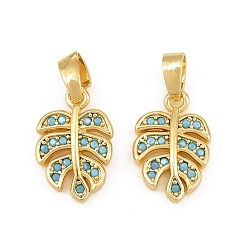 Real 18K Gold Plated Brass Micro Pave Sky Blue Cubic Zirconia Charms, Leaf Charms, Real 18K Gold Plated, 14.5x9x2mm, Hole: 4x2mm