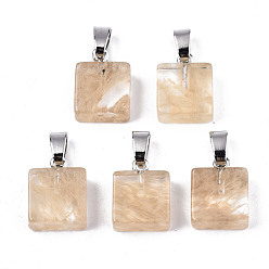 Wheat Watermelon Stone Glass Pendants, with Platinum Iron Pinch Bail, Square, Wheat, 16x12.5x5.5mm, Hole: 3.5x7mm