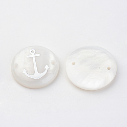 Platinum Freshwater Shell Links connectors, Flat Round with Gold Blocking Anchor, Platinum, 20x3~4mm, Hole: 1.5mm