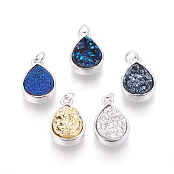 Mixed Color Druzy Resin Pendants, with Brass Finding, teardrop, Platinum, Mixed Color, 18x11.5x4~6mm, Hole: 3mm
