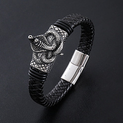 Античный Серебристый & Цвет Нержавеющей Стали Браслеты из плетеного шнура из искусственной кожи в стиле панк, 304 Браслеты из нержавеющей стали с подвесками в виде змеи для мужчин, с магнитной застежкой, старинное серебро и цвет нержавеющей стали, 8.66 дюйм (22 см)