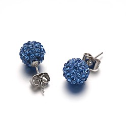 Свет Сапфира Полимерная глина горный хрусталь мяч серьги, с выводами серьги из нержавеющей стали, цвет нержавеющей стали, света сапфир, 10 мм , штифт: 0.8 мм
