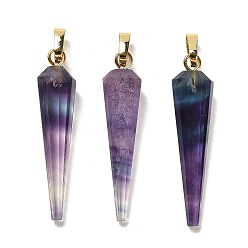 Флюорит Подвески из натурального флюорита, Подвески в виде граненого конуса с позолоченными застежками-прутьями на дужке, 35~35.5x8~8.5 мм, отверстие : 6.5x4 мм