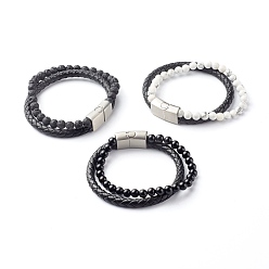 Mixed Stone Natural Mixed Stone Round Beads Multi-strand Bracelets, with Braided Cowhide Leather Cord, 8-7/8x1/4 inch(22.5x0.6cm)