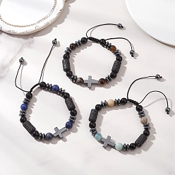 (52) Непрозрачная лаванда 3плетеные браслеты из натуральных смешанных драгоценных камней, немагнитный синтетический гематитовый крестик для женщин и мужчин, с нейлоновой нитью, разноцветные, внутренний диаметр: 2.17~3.54 дюйм (5.5~9 см)