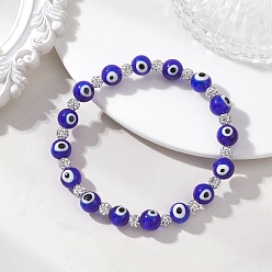Синий Браслеты ручной работы из круглых бусин в технике лэмпворк с изображением сглаза, эластичные, для женщин., с бусинами из полимерной глины, синие, бусины : 7.5 мм, внутренний диаметр: 2.07 дюйм (5.25 см)