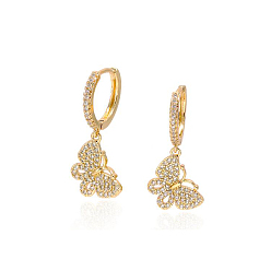 Echt 18 k vergoldet Messing Micro Pave Grade AAA Zirkonia Huggie Creolen, Schmetterling, Transparent, echt 18 k vergoldet, 33x12 mm