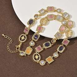 Настоящее золото 18K Теннисные ожерелья из латуни с микропаве из прозрачных кубических цирконий и разноцветными камнями кошачий глаз в форме прямоугольника, квадрата, овала, стойки покрытие, долговечный, без кадмия и без свинца, реальный 18 k позолоченный, 16.73 дюйм (42.5 см)