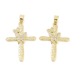 Настоящее золото 18K Покрытие стойки латунь микропаве прозрачные подвески из кубического циркония, долговечный, без свинца и без кадмия, крест с бабочкой, реальный 18 k позолоченный, 32x23x3 мм, отверстие : 5x3.5 мм