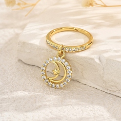 Луна Латунные кольца-подвески с микропаве из кубического циркония для женщин, золотые, луна, 17x14 мм, внутренний диаметр: 16мм~19мм
