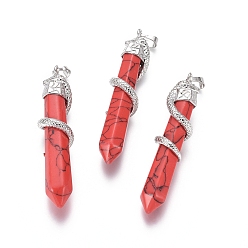 Синтетическая Бирюза Синтетический бирюзовые большие кулоны, с латунной фурнитурой , змея с бриллиантом, окрашенные, Платиновый металл, красные, 60x12 мм, отверстие : 5x7 мм