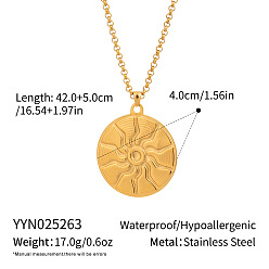 Настоящее золото 18K 304 Женские колье из нержавеющей стали с плоским круглым кулоном в виде солнца, реальный 18 k позолоченный, 16.54 дюйм (42 см)