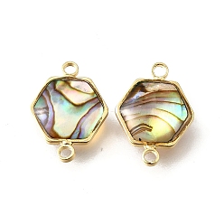 Шестиугольник Латунные подвески-соединители из натуральной пауа-ракушки, с эпоксидной смолой, золотые, шестиугольник, 15.5x11.5x3.5~4 мм, отверстие : 1.6 мм