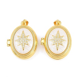 White Brass Locket Pendants, with Enamel & Clear Cubic Zirconia, Cadmium Free & Lead Free, Real 18K Gold Plated, Rack Plating, Long-Lasting Plated, Star with Oval Charms, White, 26x21x9mm, Hole: 3x5mm