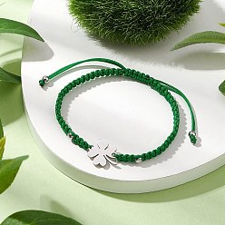 Клевер Плетеные нейлоновые шнуры регулируемые браслеты, 201 подвески-соединители из нержавеющей стали с лазерной резкой 304 браслеты из бусин из нержавеющей стали для женщин, клевер, внутренний диаметр: 2-1/4~2-7/8 дюйм (5.7~7.4 см)