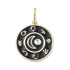 Черный Латунь эмаль подвески, со стразами, плоские круглые с луной, золотые, чёрные, 23x20x2.5 мм, Перейти кольцо: 9x4x1.5 мм, 2.5x7 мм внутренним диаметром