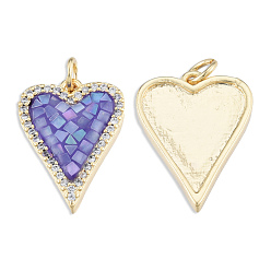 Medium Purple Brass Micro Pave Clear Cubic Zirconia Pendants, with Jump Rings and Shell, Enamel, Real 18K Gold Plated, Nickel Free, Heart, Medium Purple, 20x14.5x3mm, Jump Ring: 5x1mm, 3mm inner diameter