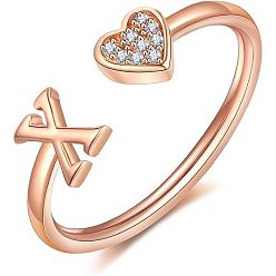 Letter X Регулируемые латунные кольца из манжеты из горного хрусталя, письмо и сердце, розовое золото , Письмо X, внутренний диаметр: 15~20 мм