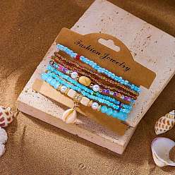 Синий Богемные браслеты из смолы, сплавов, стекла, ракушек и пластиковых жемчужин, выполненные из эластичных материалов., Браслеты с подвесками в форме ракушек для женщин, с бумажной карточкой, синие, внутренний диаметр: 2.01~2.09 дюйм (5.1~5.3 см), о 7 шт / комплект