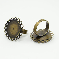 Antique Bronze Adjustable Brass Pad Ring Components Findings, with Flat Round Cabochon Setting, Nickel Free, Antique Bronze, 17mm, Tray: 20mm