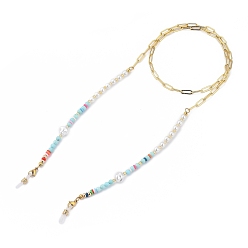 Натуральная Бирюза Латунные цепочки для очков, шейный ремешок для очков, с бисером из полимерной глины хэйси, Стеклянные бусины, пластиковые шарики, Природные бирюзовый бусы, 304 застежки-лобстеры из нержавеющей стали и концы резиновых петель, 31.89 дюйм (81 см)