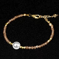 Orange Handmade White Round Shell Pearl and Faceted Round Glass Beaded Bracelets for Women, Golden, Orange, 6.30 inch(16cm)