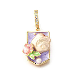 Лиловый Латунные подвески с микропаве из кубического циркония и эмали, прямоугольник с цветочными подвесками, с натуральным пресноводным жемчугом, без никеля , реальный 18 k позолоченный, сирень, 22x16.5x6.5 мм, отверстие : 6.5x4.5 мм
