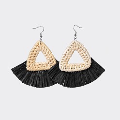 Noir (vente d'usine de fêtes de bijoux) boucles d'oreilles pendantes tissées à la main en roseau / rotin, avec bordure en papier et franges et 304 crochets en acier inoxydable, noir, 81~88mm, pin: 0.6 mm