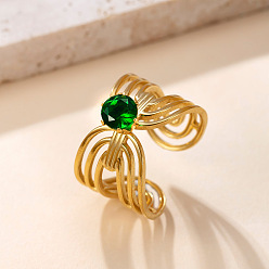 Изумруд Ажурные кольца из нержавеющей стали со стразами, золотые, плоско-круглые, изумруд, внутренний диаметр: регулируемый