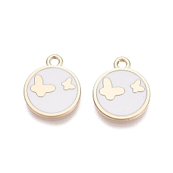 Белый Стойки обшивки сплава эмали подвески, плоский круглый с подвесками в виде бабочек, золотые, белые, 14.5x12x1.5 мм, отверстие : 1.6 мм