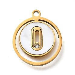 Золотой 304 из нержавеющей стали плоским круглые подвески, с пластиковой имитацией ракушки и стразами, ионное покрытие (ip), белые, золотые, 17x15x1.7 мм, отверстие : 1.6 мм