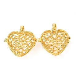 Golden Brass Cage Pendants, Heart with Flower Charms, Rack Plating, Golden, 30.5x33x16mm, Hole: 8x4mm