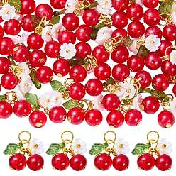 Красный 50 шт. Стеклянные подвески, вишня и цветок, с петлей из смолы и глоденовых соединительных колец, красные, 20.5x16.5x8 мм, отверстие : 4 мм