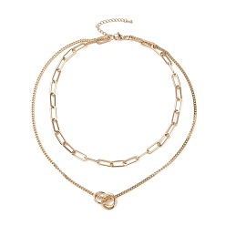Golden PVD Vacuum Plating 304 Stainless Steel Double Chains Multi Layered Necklace with Rings Charm for Women, Golden, 16.34 inch(41.5cm)