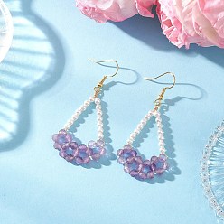 Аметист Серьги-подвески из натурального аметиста, с жемчугом из раковины , золотые, 59.5x27.5 мм