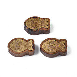 Saddle Brown Natural Rosewood Undyed Beads, with Raw(Unplated) Brass Slices, Fish Shape, Saddle Brown, 18x12x7mm, Hole: 1.8mm
