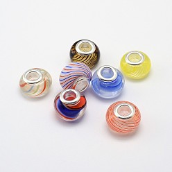 (52) Непрозрачная лаванда Смешанные стили ручной Lampwork большой Rondelle отверстие европейские бисер, с двойными медными сердечниками с серебряным покрытием, разноцветные, 14x9 мм, отверстие : 4.5~5 мм