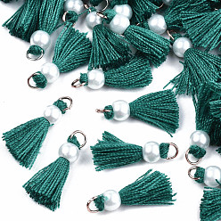 Темно-бирюзовый Кулон с кисточкой из поликоттона (полиэстер), мини-кисточка, с железной фурнитурой золотистого цвета и имитацией жемчуга из абс-пластика, темные бирюзовый, 23 мм, Перейти кольцо: 5x0.8 мм, 3.4 мм внутренним диаметром