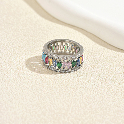 Platinum Brass Pave Cubic Zirconia Finger Rings for Women for Women, Horse Eye, Platinum, 10mm, Inner Diameter: 16mm~18mm