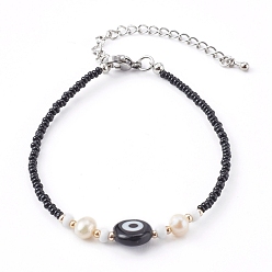 Черный Браслеты из бисера, с бусинами из натурального жемчуга и бусинами лэмпворк от сглаза, чёрные, 7-1/8 дюйм (18 см)